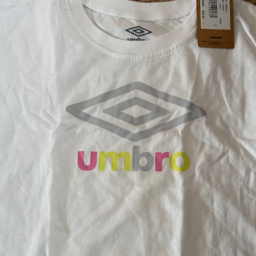 Umbro White Tee with Pink and Yellow Logo Girls Medium